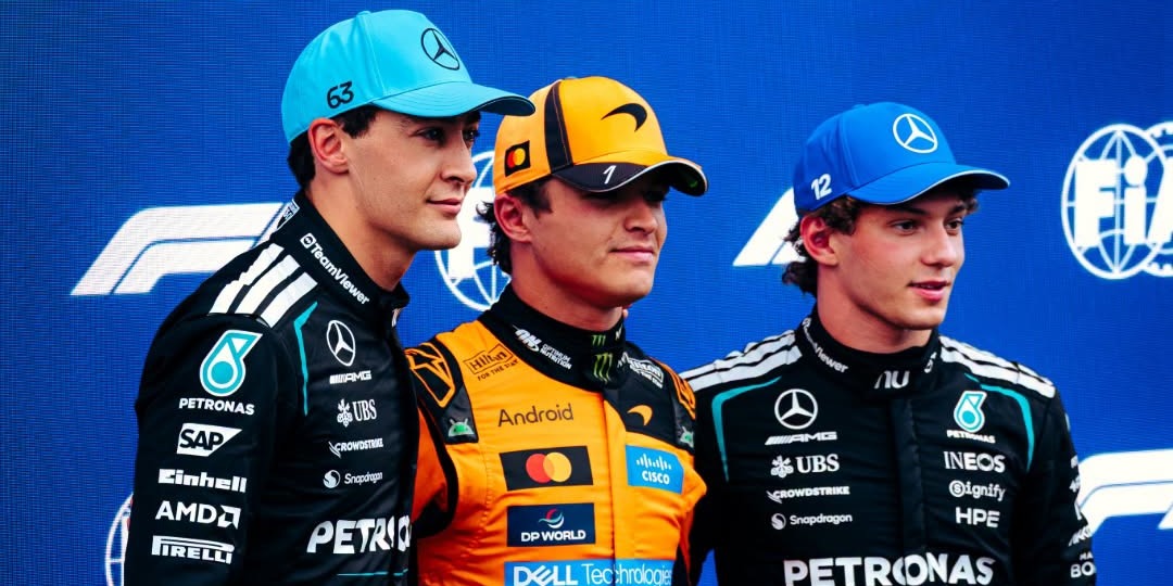 George Russell, Lando Norris y el italiano Kimi Antonelli - Foto: Mercedes-AMG Petronas F1 Team