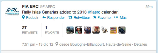 Mensaje en Twitter en la cuenta oficial del ERC: El Rally Islas Canarias añadido al calendario 2013