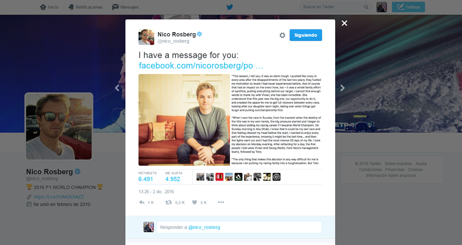 Nico Rosberg se retira de la Formula Uno