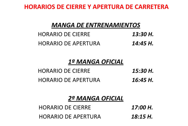 Cuadro horario de apertura y cierre de la carretera
